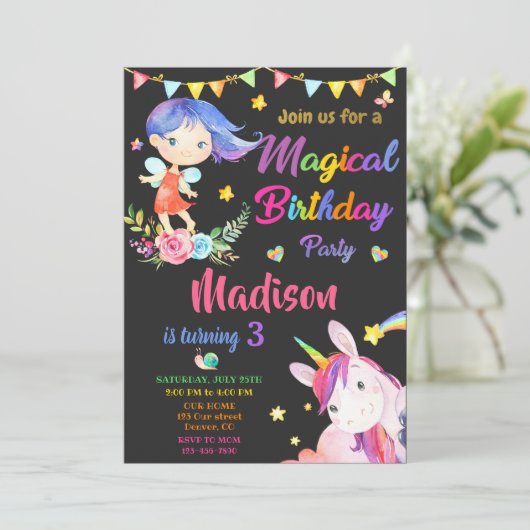 Fairy and Unicorn verjaardagsuitnodiging Magic par Kaart (Staand voorkant)