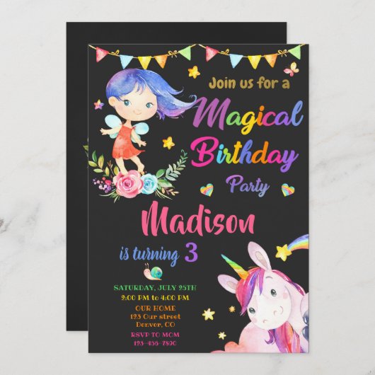 Fairy and Unicorn verjaardagsuitnodiging Magic par Kaart (Voorkant / Achterkant)