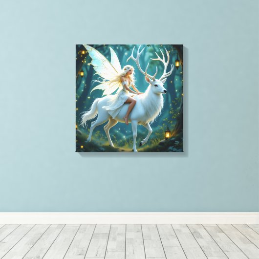 Fairy and White Deer Magical Forest Canvas Afdruk (Insitu (Houten vloer))