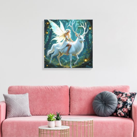 Fairy and White Deer Magical Forest Canvas Afdruk (Insitu (Woonkamer))