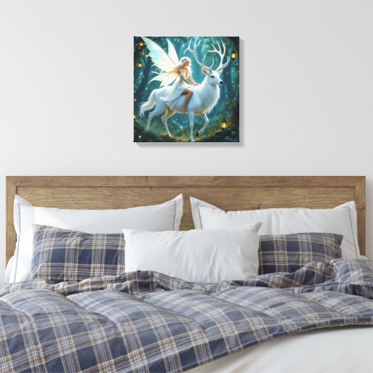 Fairy and White Deer Magical Forest Canvas Afdruk (Insitu (Slaapkamer))