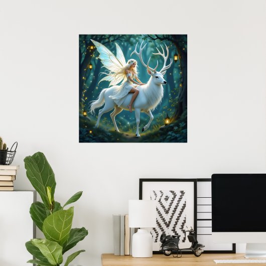 Fairy and White Deer Magical Forest Poster (Thuiskantoor)