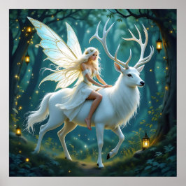 Fairy and White Deer Magical Forest Poster