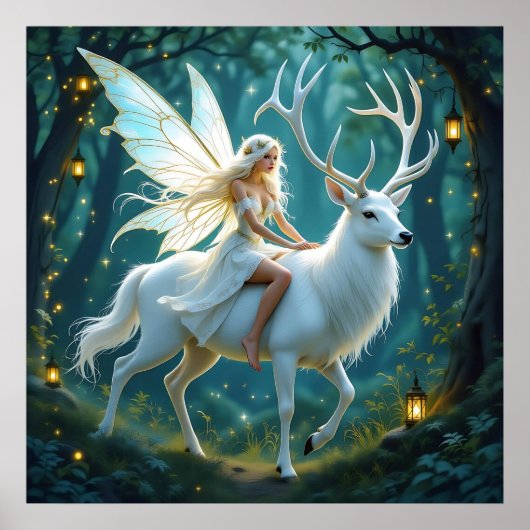 Fairy and White Deer Magical Forest Poster (Voorkant)