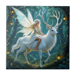 Fairy and White Deer Magical Forest Tegeltje