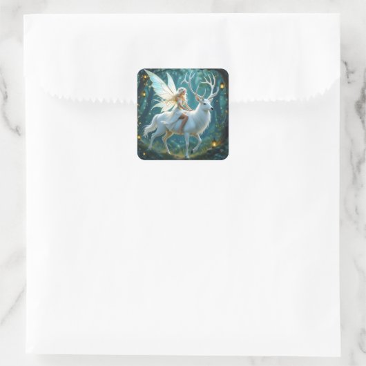 Fairy and White Deer Magical Forest Vierkante Sticker (Tas)