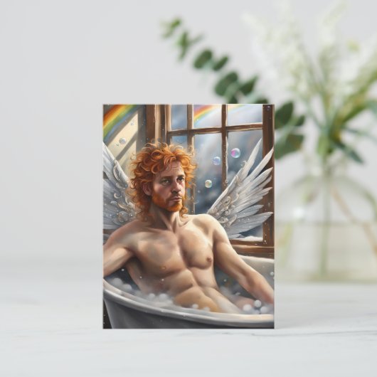 Fairy Angel Man Rood Haar in het bubbelbad Briefkaart (Staand voorkant)