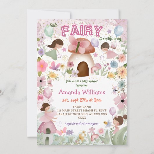 Fairy Baby Meisje Douche Roze Bloemen Kaart (Voorkant)