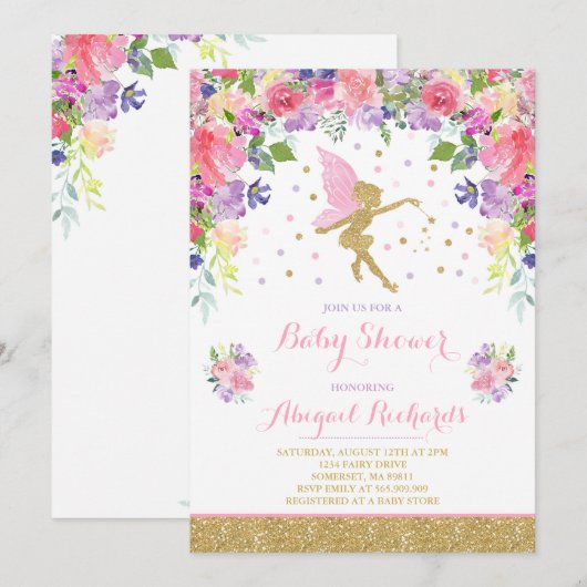 Fairy Baby shower Invitation Floral Fairy Shower Kaart (Voorkant / Achterkant)