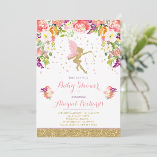 Fairy Baby shower Invitation Floral Fairy Shower Kaart (Staand voorkant)