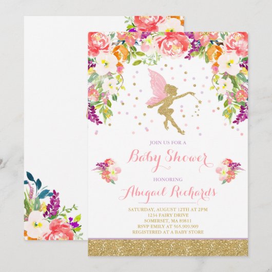 Fairy Baby shower Invitation Floral Fairy Shower Kaart (Voorkant / Achterkant)