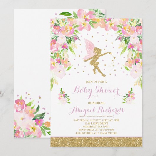 Fairy Baby shower Invitation Floral Fairy Shower Kaart (Voorkant / Achterkant)