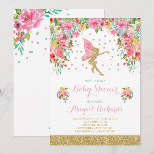 Fairy Baby shower Invitation Floral Fairy Shower Kaart (Voorkant / Achterkant)