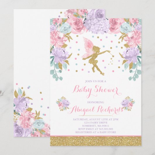 Fairy Baby shower Invitation Floral Fairy Shower Kaart (Voorkant / Achterkant)