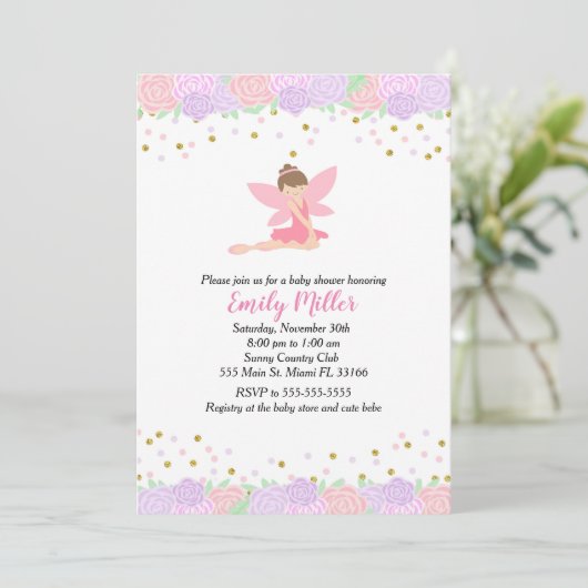 Fairy Baby shower Invitation Gold Pink Kaart (Staand voorkant)