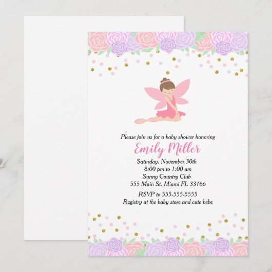 Fairy Baby shower Invitation Gold Pink Kaart (Voorkant / Achterkant)