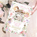 Fairy Baby shower Pink Lavender Flower Tea Party Kaart<br><div class="desc">Dit grillige ontwerp is voorzien van een zoete illustratie van magische bosareien,  een schattig paddenstoelenhuis en elegante roze en paarse waterverf bloemen.</div>