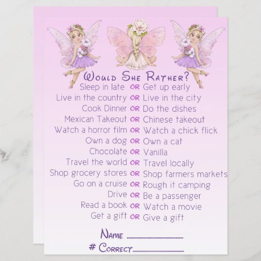 Fairy Baby shower roze illustratiepartij game (Voorkant / Achterkant)