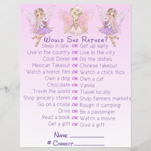 Fairy Baby shower roze illustratiepartij game (Voorkant)