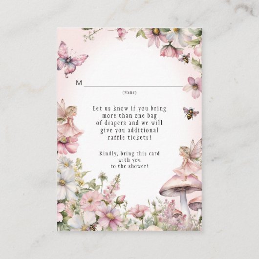 Fairy Bee Floral Bouquet Diaper Raffle Baby Girl Informatiekaartje (Achterkant)