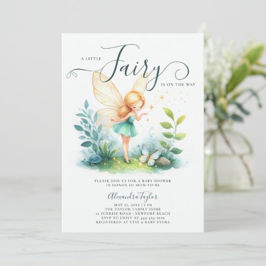 Fairy betoverde smaragd tuin baby meisje douche kaart (Staand voorkant)
