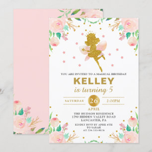 Fairy Birthday Invitation Pink Floral Girl Party Kaart