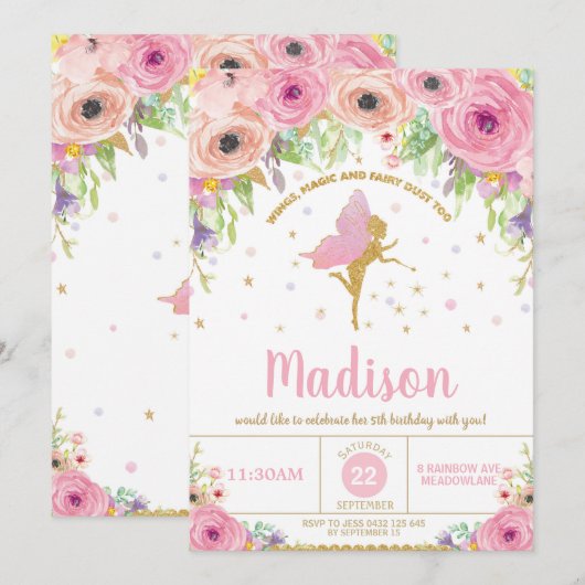 Fairy Birthday Invitation roze Floral Fairy Party Kaart (Voorkant / Achterkant)