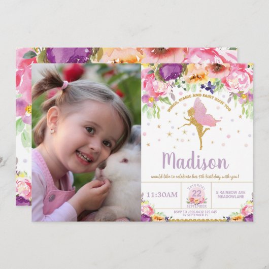 Fairy Birthday Invitations Paarse Floral Whimsical Kaart (Voorkant / Achterkant)