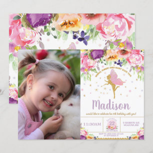 Fairy Birthday Invitations Paarse Floral Whimsical Kaart