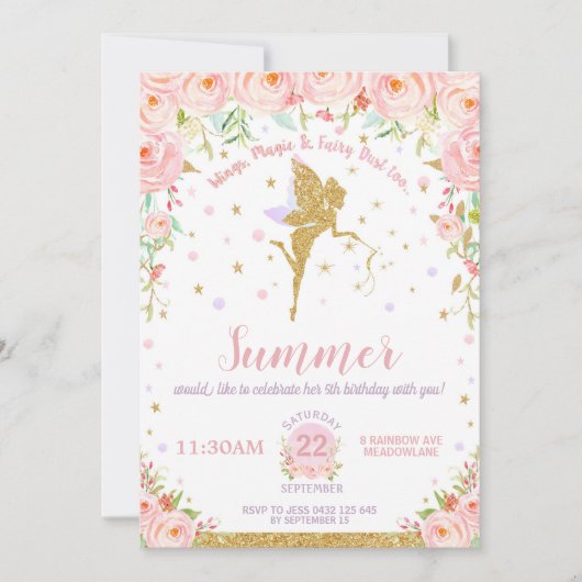 Fairy Birthday Invitations Pink Floral Whimsical Kaart (Voorkant)