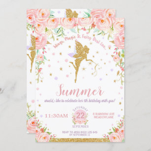 Fairy Birthday Invitations Pink Floral Whimsical Kaart