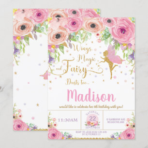 Fairy Birthday Invitations Pink Floral Whimsical Kaart