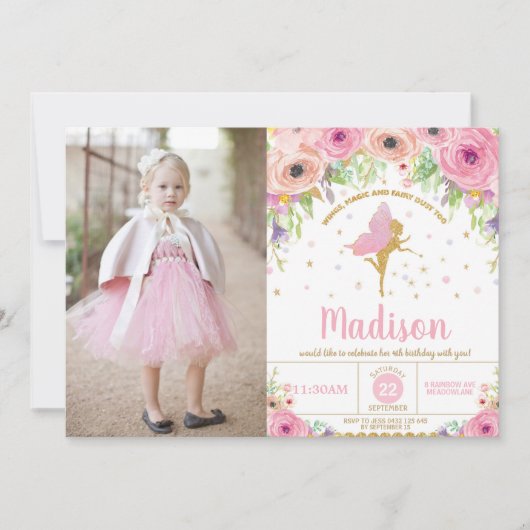 Fairy Birthday Invitations Whimsical Pink Floral Kaart (Voorkant)