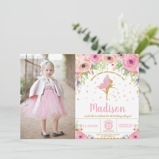 Fairy Birthday Invitations Whimsical Pink Floral Kaart (Staand voorkant)