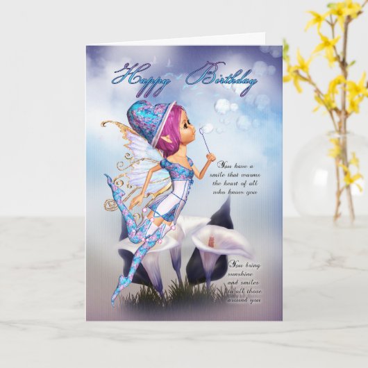 Fairy Birthday Kaart - Fairy Blowing Bubbles Birth (Gele Bloem)