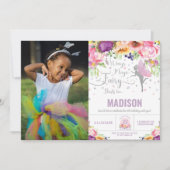Fairy Birthday Paars Floral Silver Glitter Foto Kaart (Voorkant)