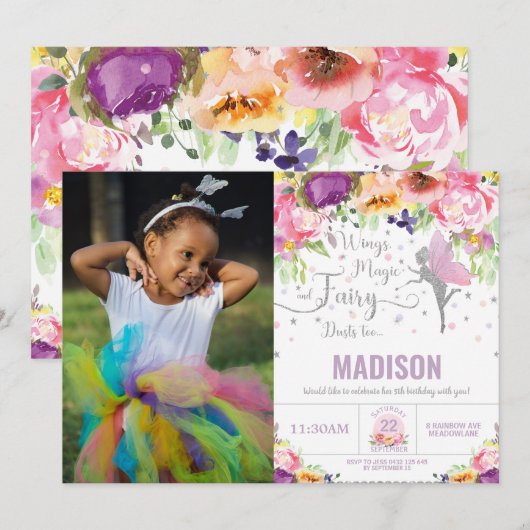 Fairy Birthday Paars Floral Silver Glitter Foto Kaart (Voorkant / Achterkant)