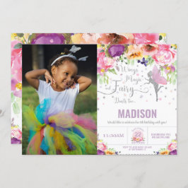 Fairy Birthday Paars Floral Silver Glitter Foto Kaart