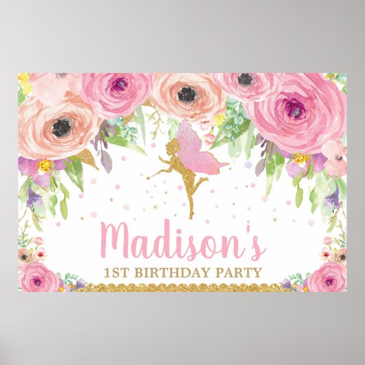 Fairy Birthday Party Backdrop Banner Pink Floral Poster (Voorkant)