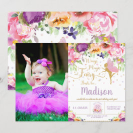 Fairy Birthday Party Paars Floral Whimsical Foto Kaart