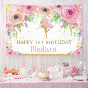 Fairy Birthday Party Pink Floral Welkomstachtergro Spandoek