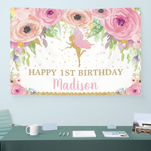 Fairy Birthday Party Pink Floral Welkomstachtergro Spandoek (Beurs)