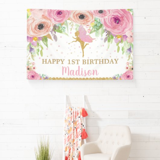 Fairy Birthday Party Pink Floral Welkomstachtergro Spandoek (Insitu)