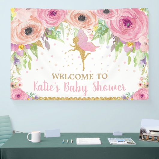 Fairy Birthday Party Pink Floral Welkomstachtergro Spandoek (Beurs)