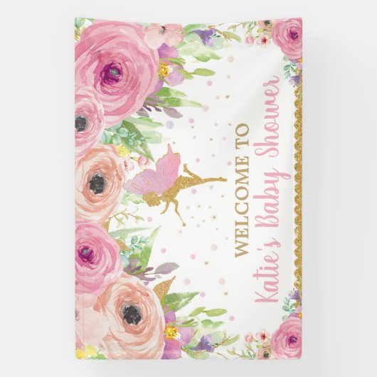 Fairy Birthday Party Pink Floral Welkomstachtergro Spandoek (Verticaal)