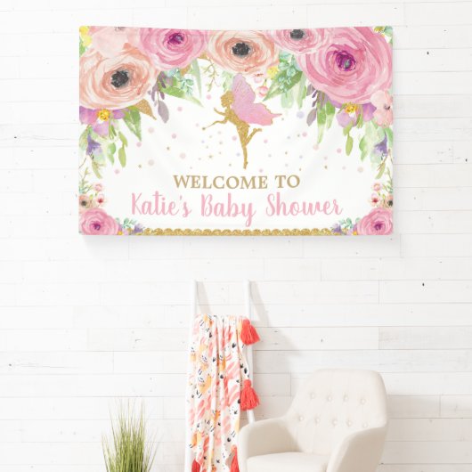 Fairy Birthday Party Pink Floral Welkomstachtergro Spandoek (Insitu)