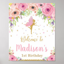 Fairy Birthday Party Welcome Sign Roze Floral Girl Poster