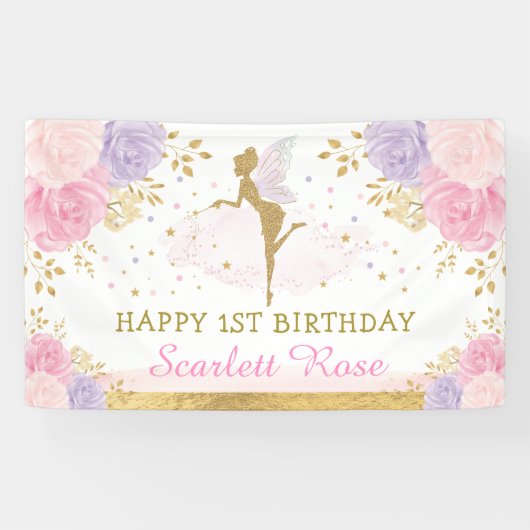 Fairy Birthday Pink Paars Gold Magical Party Spandoek (Horizontaal)