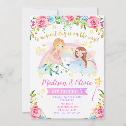 Fairy Birthday Uitnodiging / Joint Twins Party (Voorkant)