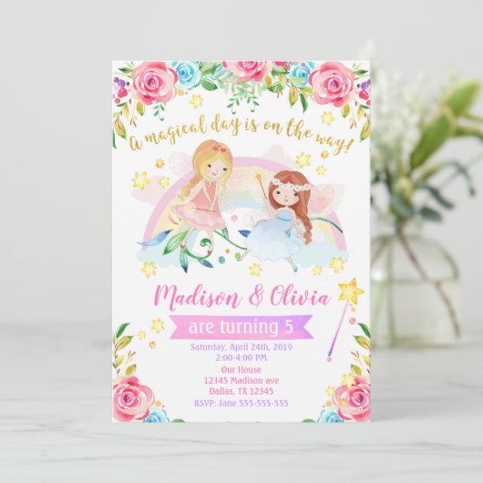Fairy Birthday Uitnodiging / Joint Twins Party (Staand voorkant)